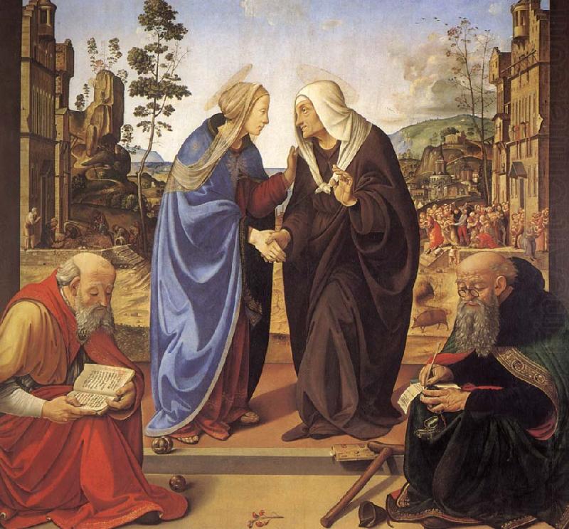 Virgin Marie besokelse with St. Nicholas and St. Antonius, Piero di Cosimo